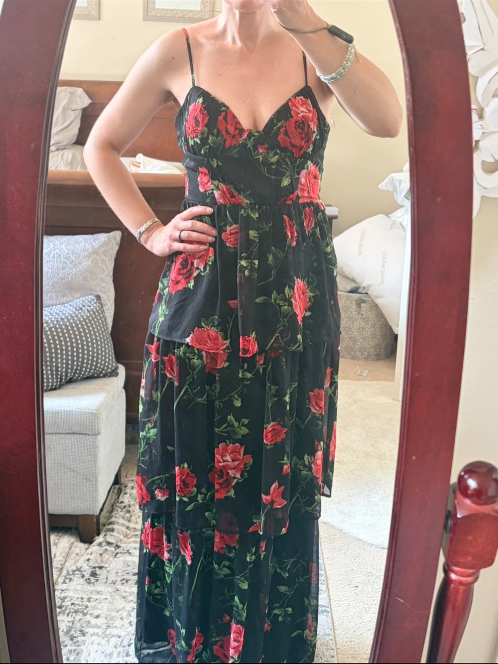 Black Floral Maxi Dress with Red Rose Print
